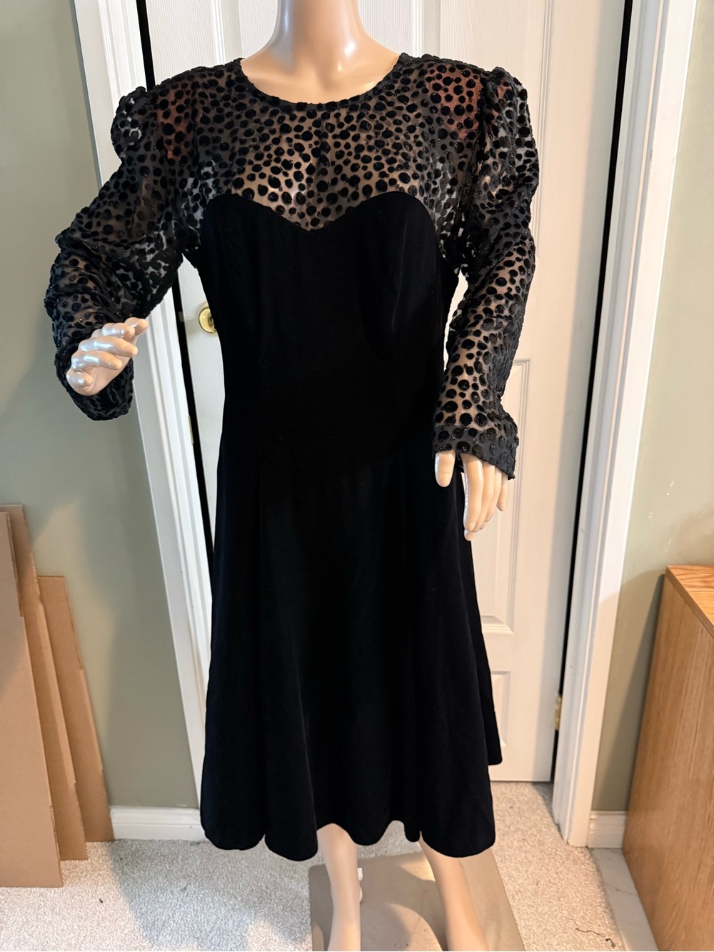 Vintage Niki Originals Black Velvet Dress Size 12 Illusion Neck Sleeves Union